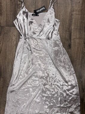 Boohoo Silver Crushed Satin Wrap Midi Dress